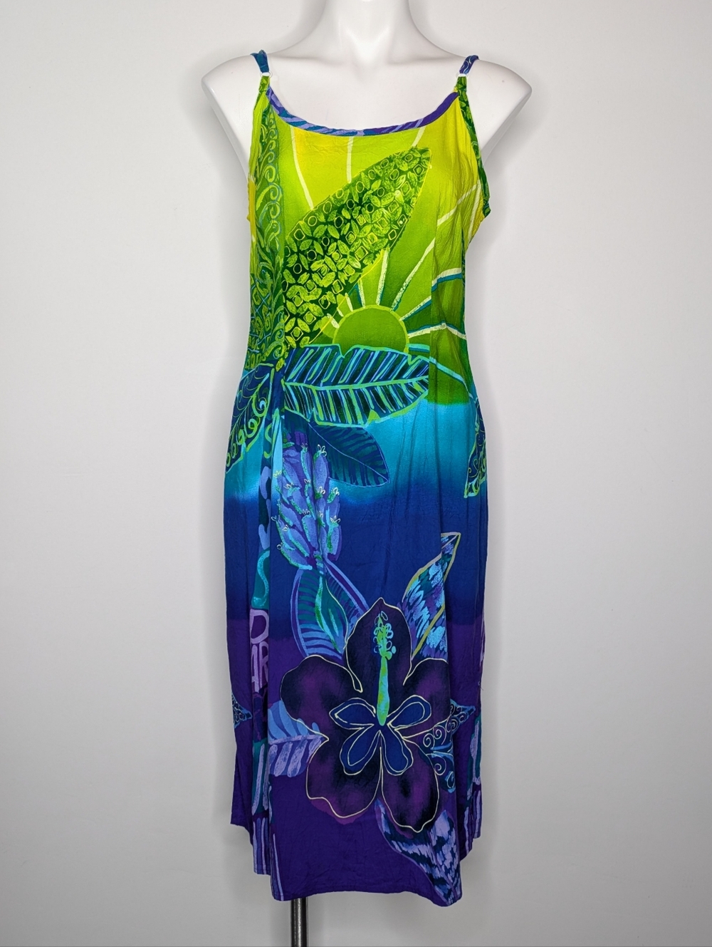 Vintage Hilo Hattie Blue Green Tropical Floral Crinkle Rayon Midi Dress 14